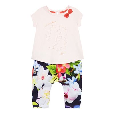 Baby girls' pink floral print harem trousers and top set